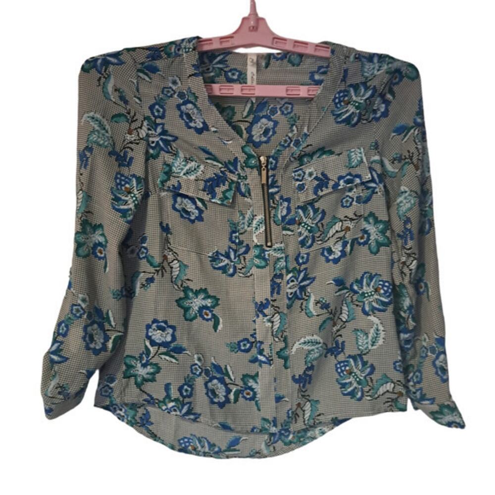 NY Collection Tunic Long Sleeve V‎ neck Top Grey Floral Small 100% Polyester